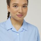 Close up of blue revere collar standard fit blouse